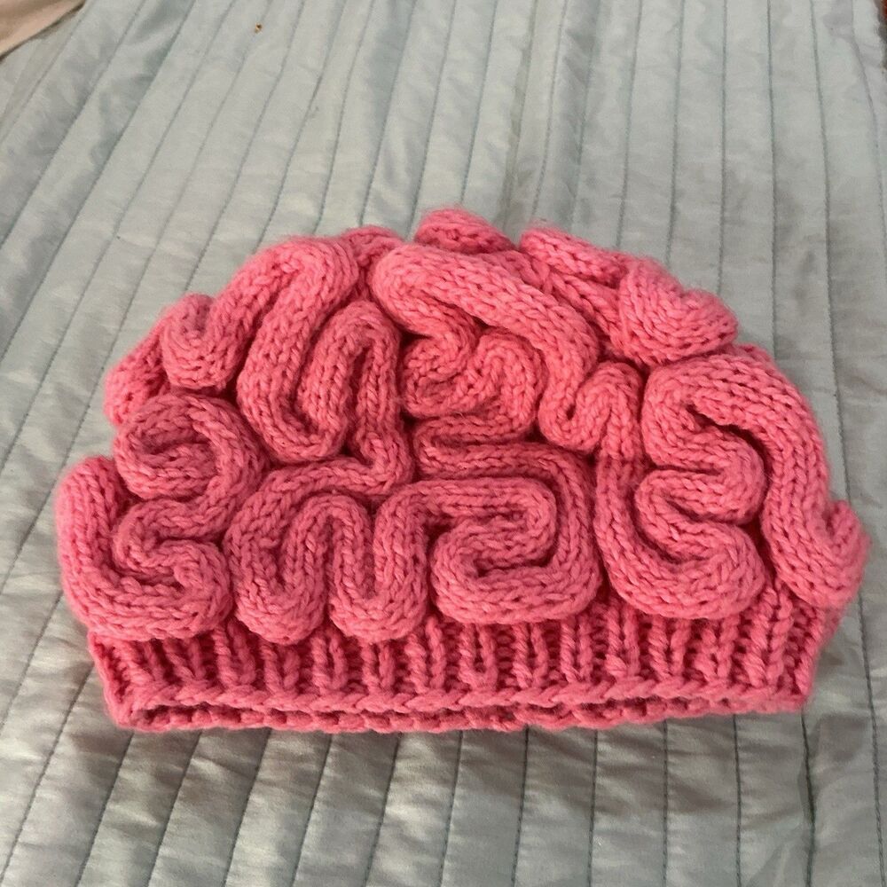 Pink Brain Knit Beanie Hat Handmade Chunky Novelty Skull Cap Unique Fun